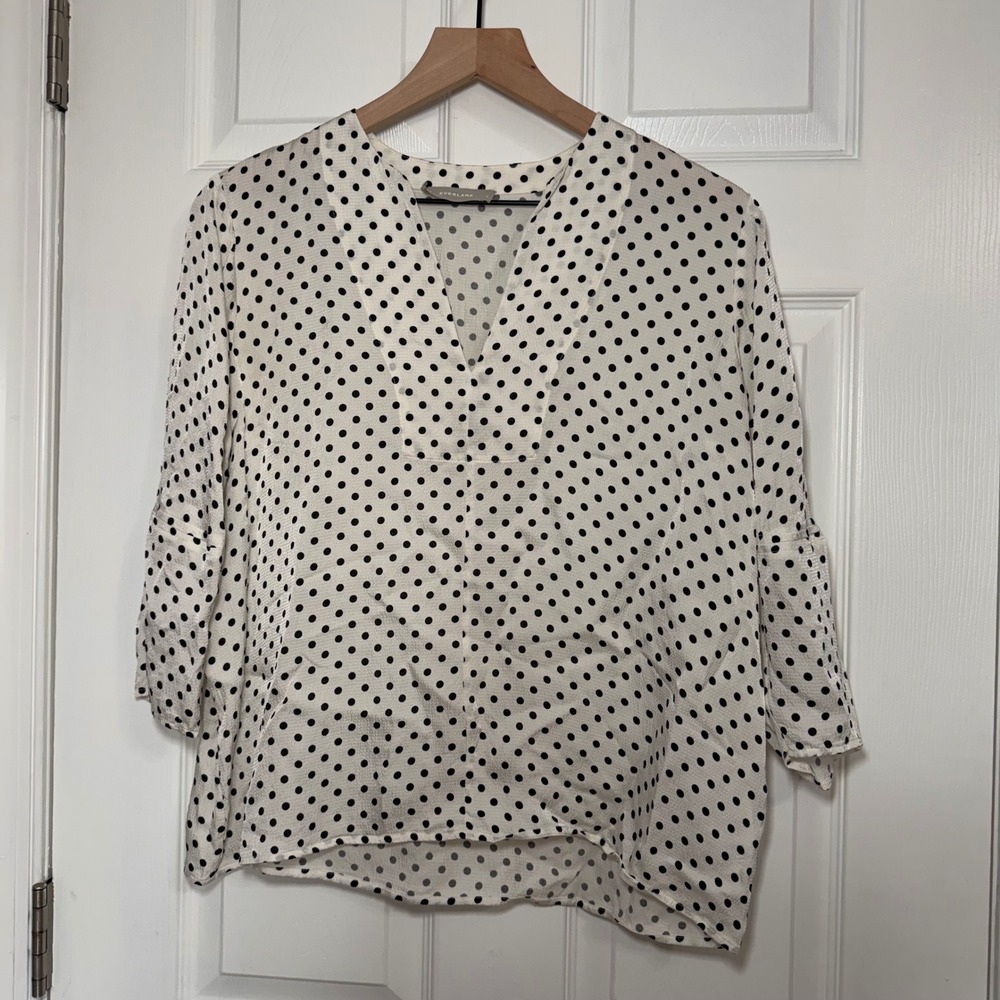 Everlane Womens Hammered Polka Dot Balloon Sleeve Satin Blouse White Black Small